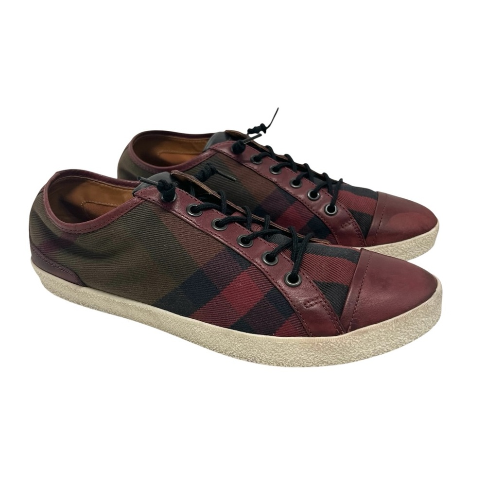Burberry Harowby Maroon Black Olive Nova Check Low Top Sneakers Leather Trim 38